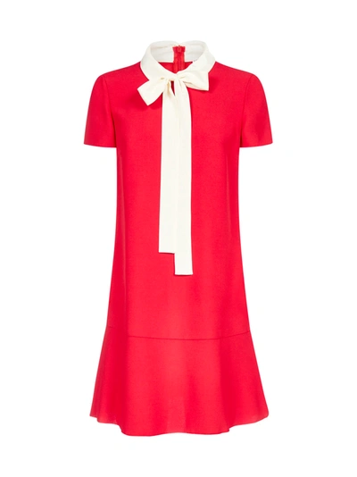 Shop Red Valentino Pussy-bow Neck Viscose-blend Dress In Lacca Avorio