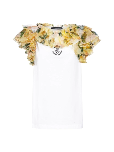 Shop Dolce & Gabbana Camellias Print Silk Volants Cotton Top In Bianco Ottico
