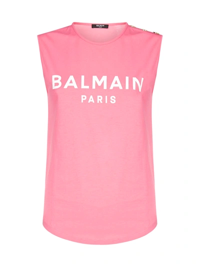 Shop Balmain Logo Cotton Tank Top In Rose Blanc