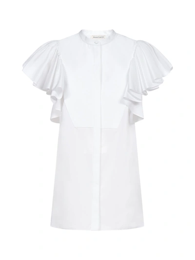 Shop Alexander Mcqueen Ruffled Sleeves Cotton Shirt In Opticalwhite