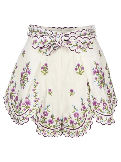 Shop Zimmermann Poppy Floral Embroiderd Shorts In Lillac White