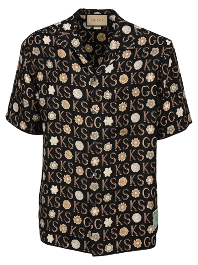 Shop Gucci Print Silk Bowling Shirt In Black