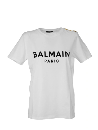Shop Balmain Cotton T-shirt With Flocked Logo In White