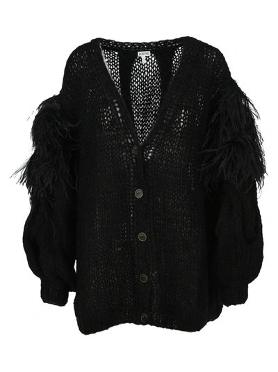 Shop Loewe Feather-trim V-neck Cardigan In Black