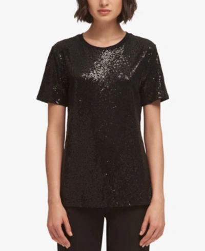 Shop Dkny Sequin Crewneck Top In Holiday Red
