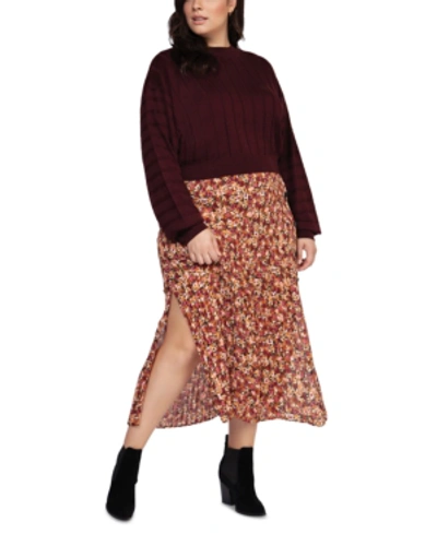 Shop Black Tape Plus Size Long-sleeve Ribbed Sweater In Wine