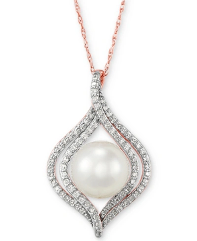 Shop Honora Cultured Freshwater Pearl (8mm) & Diamond (1/4 Ct. T.w.) 18" Pendant Necklace In 14k Yellow, White O In Rose Gold