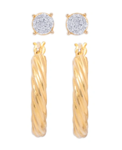 Macy's Diamond Accent Round Stud And Twist Hoop Earring Set In Gold Plate In Gold