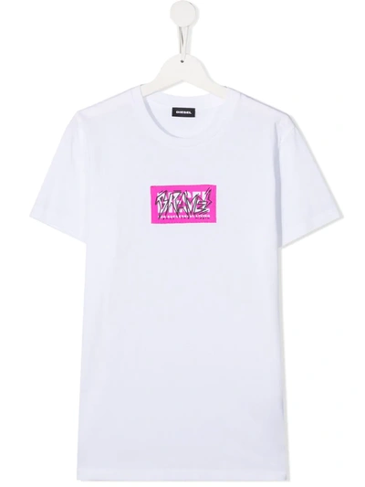 Shop Diesel Teen Slogan Patch T-shirt In White