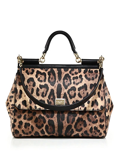 Shop Dolce & Gabbana Sicily Large Leopard-print Textured Leather Top-handle Satchel