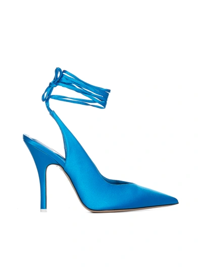 Shop Attico Satin And Leather Slingback Pumps In Turquoise