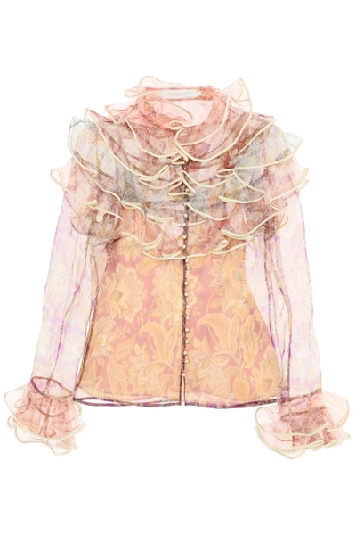 Shop Zimmermann Lucky Tired Printed Organza Blouse In Spliced Jacobean (beige)