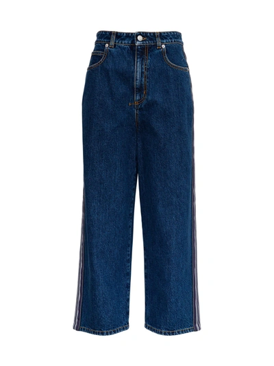 Shop Alexander Mcqueen Wide Denim Jeans With Side Band In Blu