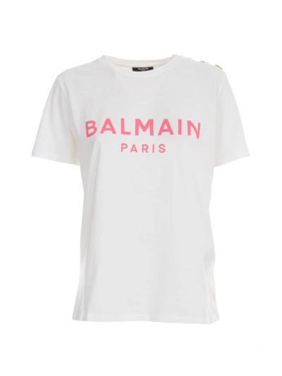 Shop Balmain Ss 3 Btn Printed Logo T-shirt In Gby Blanc Rose