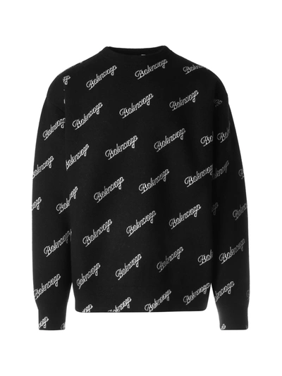 Shop Balenciaga Crewneck Logo Script Knit In Black White