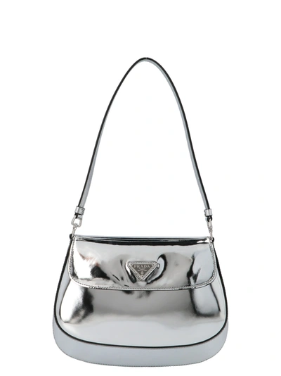 Prada Cleo Shoulder Bag Silver in Brushed Leather with Silver-tone