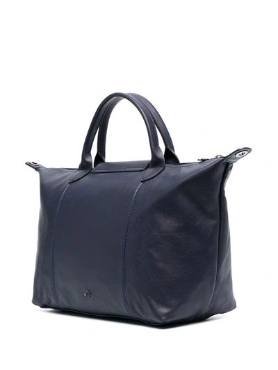 Shop Longchamp Medium Le Pliage Cuir Top Handle Bag In Blue