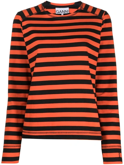 Shop Ganni Striped Organic-cotton Long-sleeve T-shirt In Orange