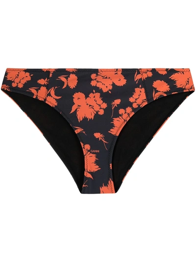 Shop Ganni Floral Print Bikini Bottoms In Black