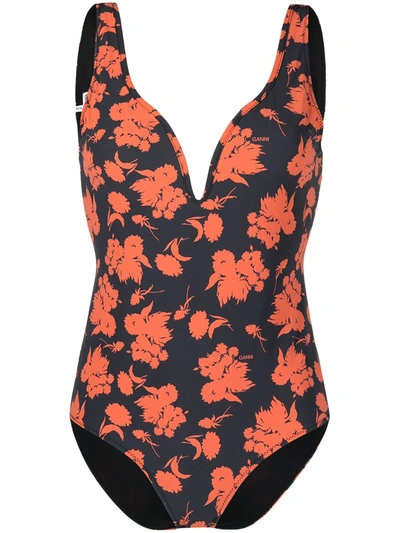 Shop Ganni Floral Print V-neck Swimsuit In Black