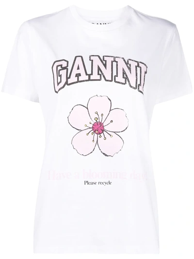 Shop Ganni "have A Blooming Day!" T-shirt In White