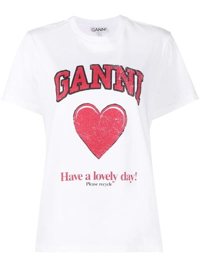 Shop Ganni Heart-print Organic Cotton T-shirt In White