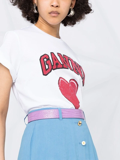Shop Ganni Heart-print Organic Cotton T-shirt In White