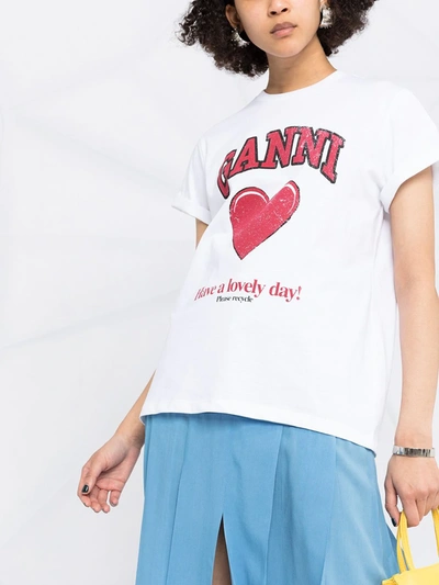 Shop Ganni Heart-print Organic Cotton T-shirt In White