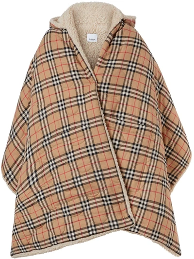 Shop Burberry Fleece-lined Vintage Check Hooded Cape In Brown