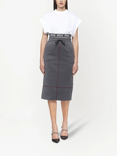Shop Miu Miu Contrast-stitching Midi Skirt In Grey