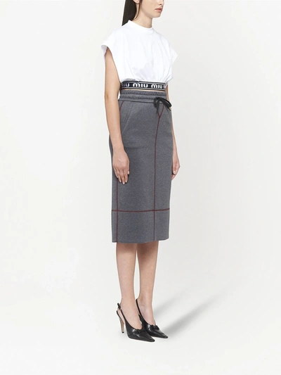 Shop Miu Miu Contrast-stitching Midi Skirt In Grey