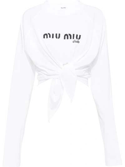 Shop Miu Miu Logo Print Knotted Crop T-shirt In White