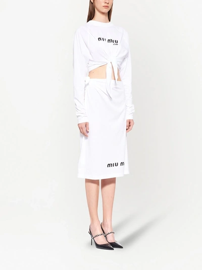 Shop Miu Miu Logo Print Knotted Crop T-shirt In White