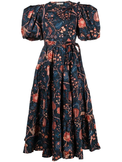 Shop Ulla Johnson Tiered Puff-sleeve Cotton Dress In Blue