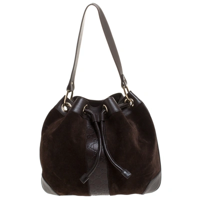 Pre-owned Gucci Brown Suede And Leather Drawstring Hobo