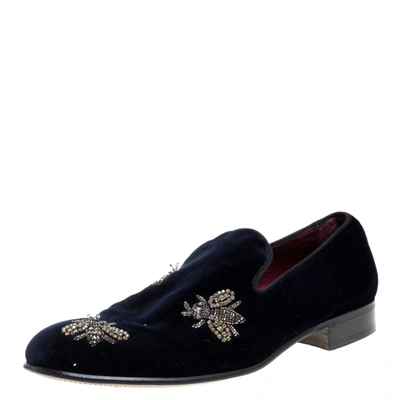 Pre-owned Dolce & Gabbana Dolce And Gabbana Navy Blue Velvet Bee Embellished Smoking Slippers Size 43