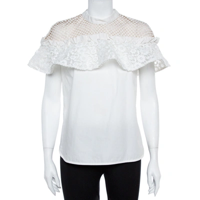 Pre-owned Self-portrait Self Portrait White Cotton Lace Panel Ruffled Hudson Top M