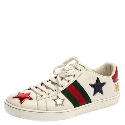 Pre-owned Gucci White Leather Ace Web Star Low Top Sneakers Size 37