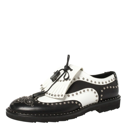 Pre-owned Dolce & Gabbana Black/white Studded Leather Brogue Detail Fringe Oxfords Size 43