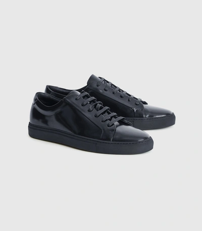 Shop Reiss High Shine Leather Trainers In Navy