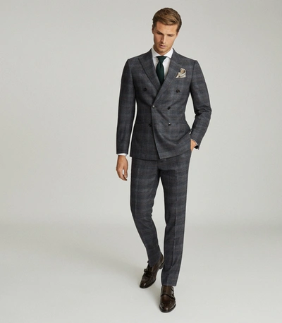 Shop Reiss Double Breasted Check Blazer In Navy Blue