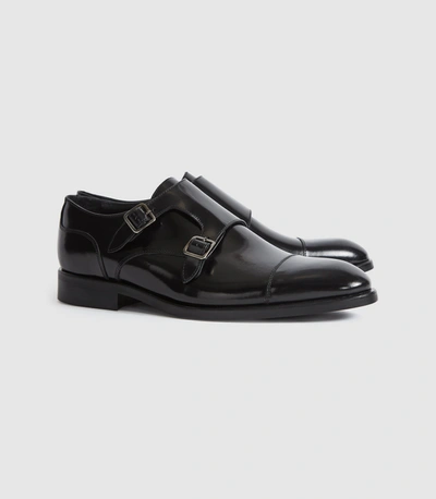 Shop Reiss High Shine Leather Monk Strap Shoes In Black