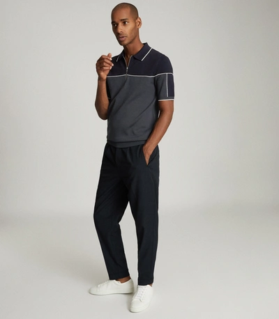 Shop Reiss Tipped Zip Neck Polo Shirt In Navy/ivory