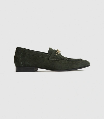 Shop Reiss Suede Loafer With Chain Detail In Forest Green