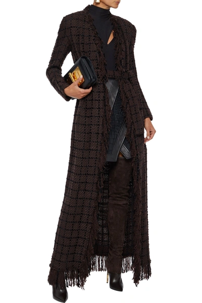 Shop Balmain Belted Frayed Bouclé-tweed Coat In Chocolate
