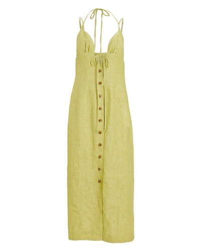Shop Matthew Bruch Tie Halter Linen Midi Dress In Light Green