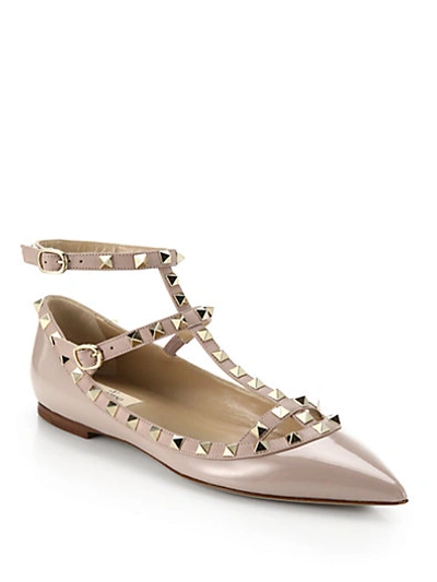 Shop Valentino Rockstud Leather Cage Flats In Blush