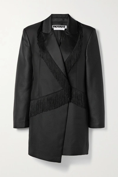 Shop Rotate Birger Christensen Shannon Asymmetric Fringed Matelassé Satin Mini Dress In Black