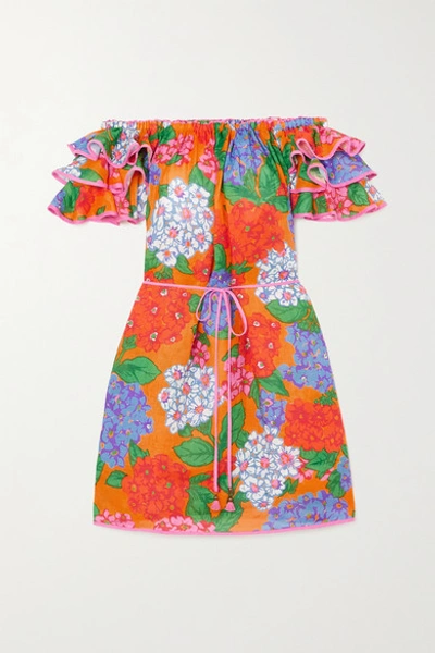 Shop Zimmermann Riders Off-the-shoulder Ruffled Floral-print Linen Mini Dress In Orange