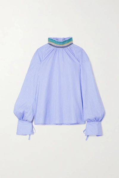 Shop Wales Bonner Palms Smocked Pinstriped Cotton Blouse In Light Blue
